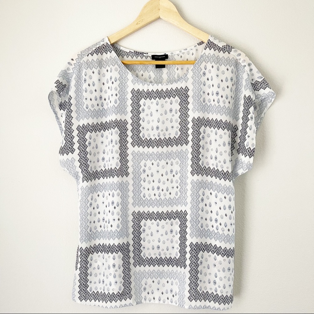 Ann Taylor Patterned Patchwork White Blue Top - image 1